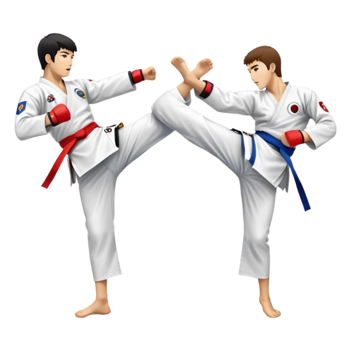 Two taekwondo fighters in a competition arena, one performing a high spinning kick towards the opponent’s head, while the other blocks with a precise guard. The background features a dynamic, bright arena with flags, emphasizing speed and agility in the martial art. Transparent background  sticker