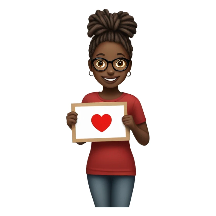 Black girl with red medium length dreadlocks holding a sign that says “PJ” with a red heart on the sign underneath the word, the girl is also smiling and is wearing glasses  sticker