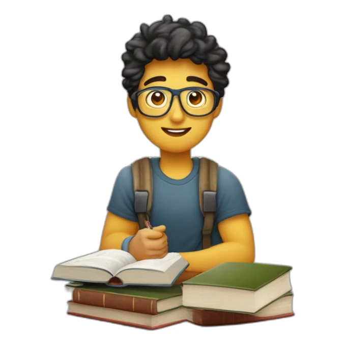 joven estudiante con  con un libro en sus manos y en su cabeza, junto a muchos libros y una lampara y un libro en su cabeza, con muchos y muchos  libros, de piel blanca sticker