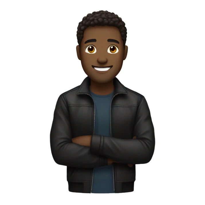 man with brown hair, black skin jacket, smile sticker