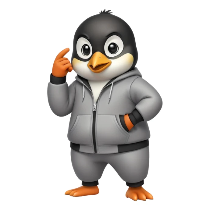 friendly anthropomorphised penguin wearing a mafia-style tracksuit, secretive scheming pose, soprano vibe, angry expression, walking quickly with a tense hurried stride, holding a knuckle duster sticker