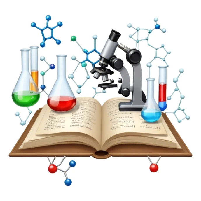 Icon for Scientific and Educational Reading: an open book with mathematical and physical formulas on the pages, with molecules and atoms flying out. On the desk are test tubes, flasks, and a microscope. Transparent background. sticker