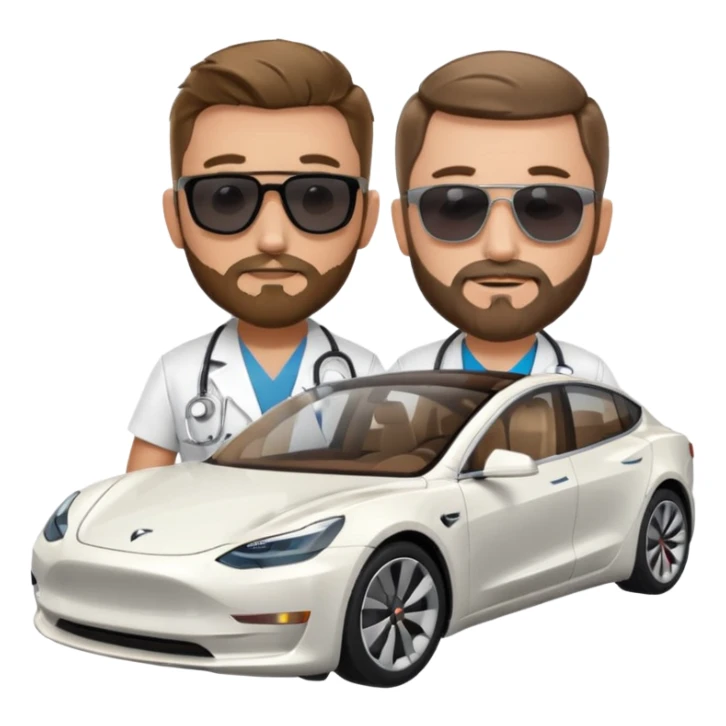 White tesla model 3 and one cool physician with dark blond hair, beard, stetoscope and dark sunglasses next to it sticker