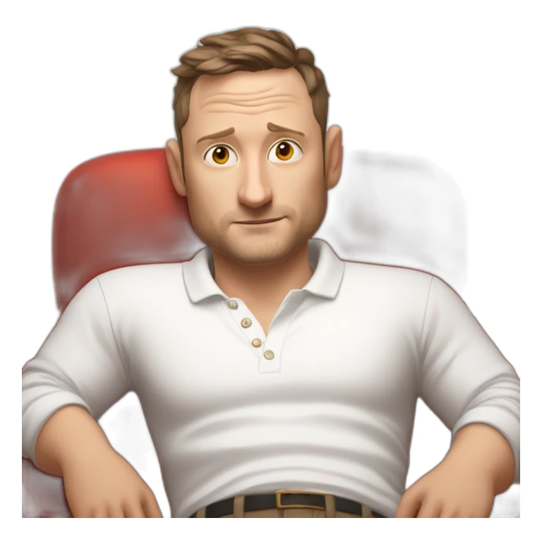 tim robinson very tired laying down on a red couch in a long sleeve white polo shirt, chest up clean shaven, laying flat across couch, arms at side sticker