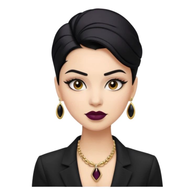 “Emoji girl, sculpted contour, bold dark lipstick, defined brows, sharp eyeliner, sleek black hair updo, statement necklace, black blazer.” sticker