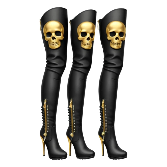 black color, zipper with sparkling silver and gold detailed  skull embellishment on side, thigh high boots sticker