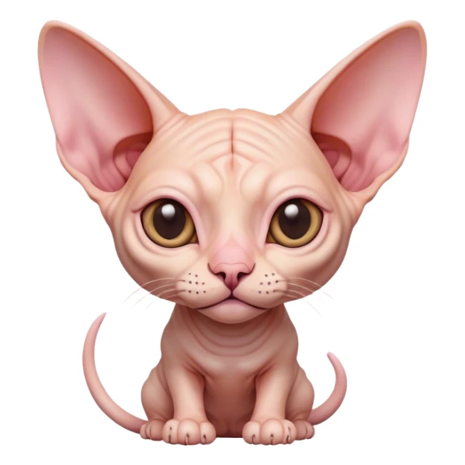 Cinematic Cute Sphynx Cat Portrait Emoji, Head tilted playfully and inquisitively, soft, wrinkled skin in warm peach and pink hues, oversized ears and wide, expressive eyes filled with curiosity, Simplified yet irresistibly adorable features, highly detailed, glowing with a warm, friendly glow, high shine, affectionate and lively, stylized with a touch of whimsy, bright and endearing, soft glowing outline, capturing the essence of a mischievous yet loving kitten, so playful it feels like it could pounce out of the screen and into your arms! sticker