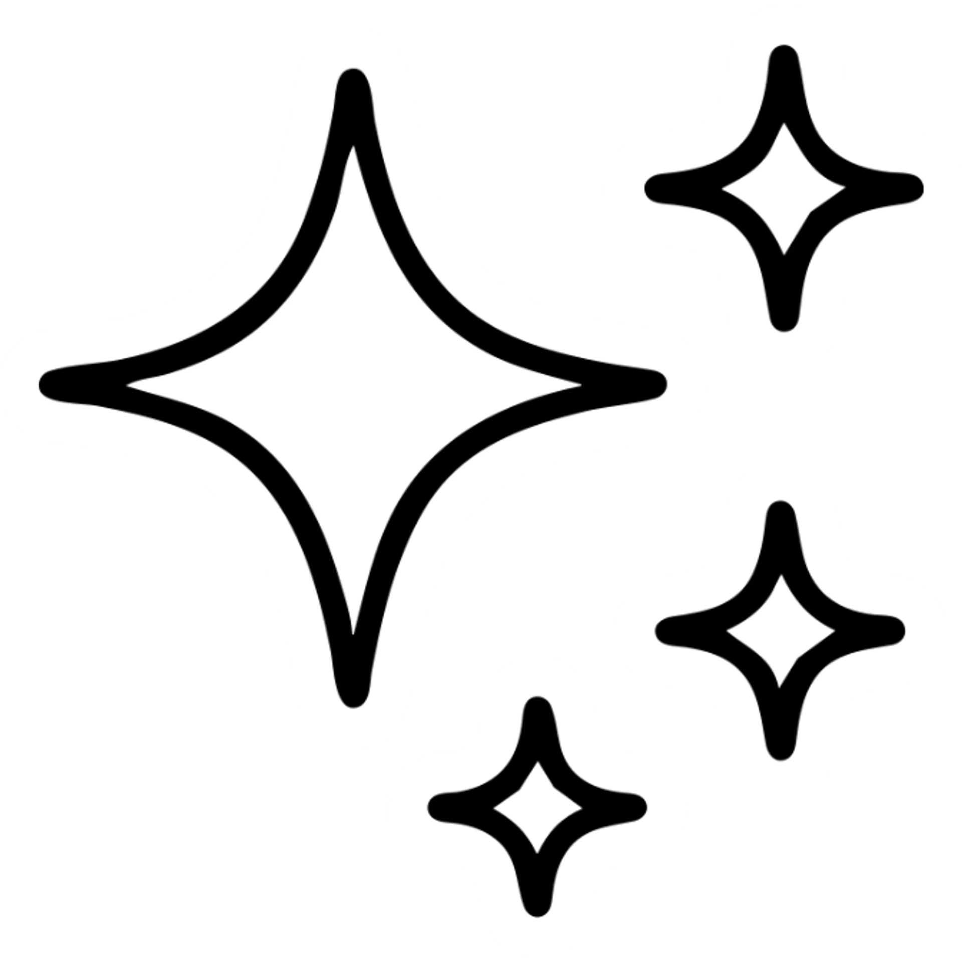 outline icon of four sparkle stars, simple, clean lines, no fill sticker
