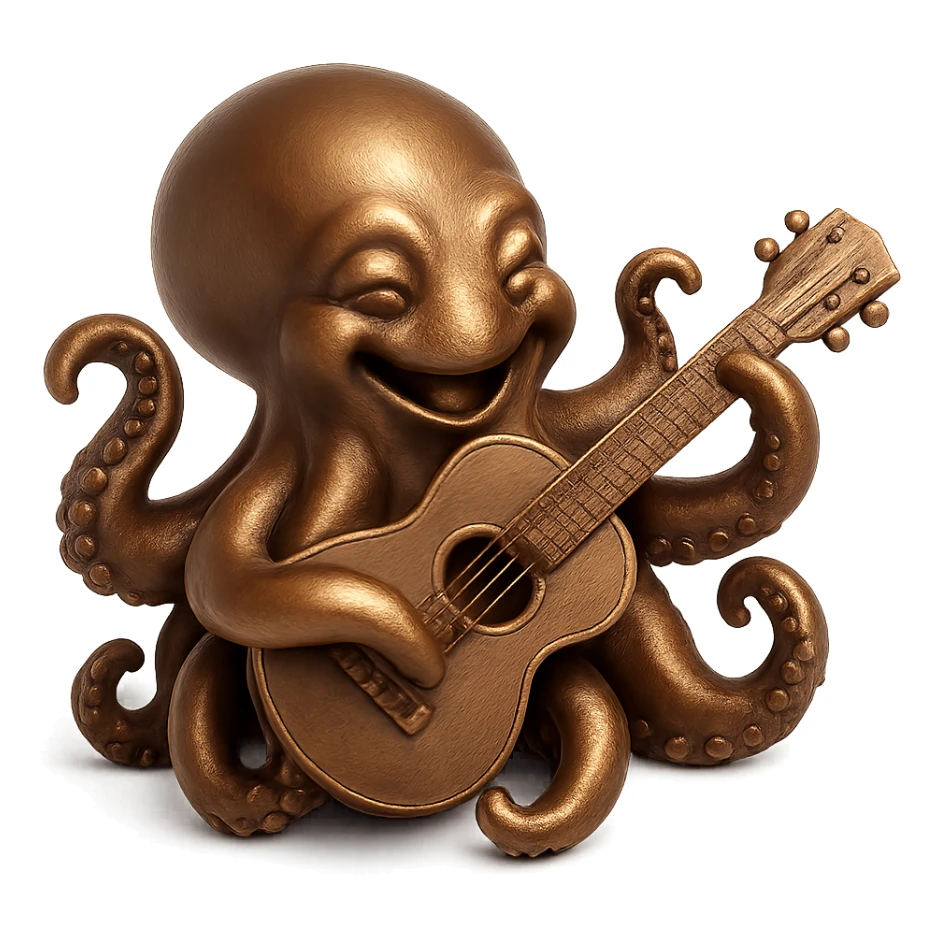 happy octopus with multiple arms playing guitar, bronze sculpture style sticker