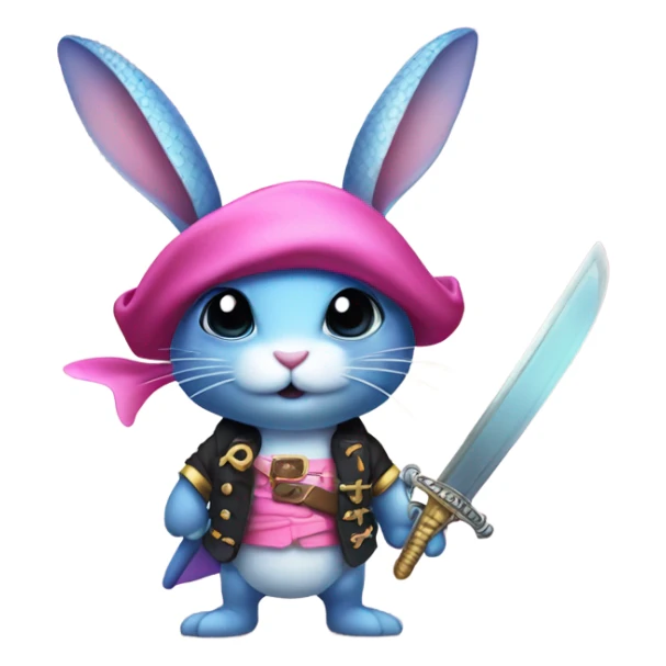 Rainbow fish bunny wearing pink pirate clothes and sword sticker