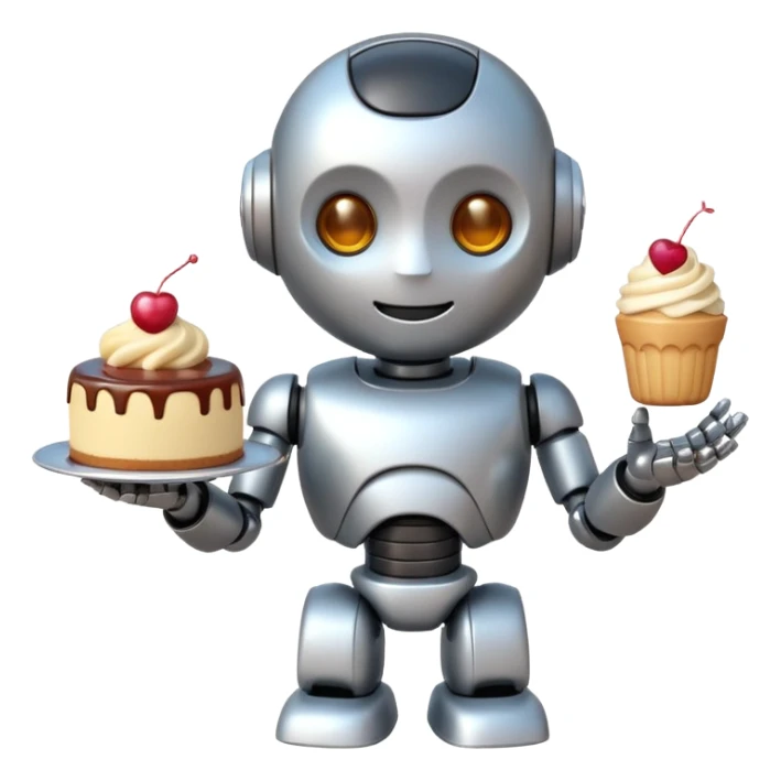 The cute robot is holding dessert in its hands, 3d emoji sticker