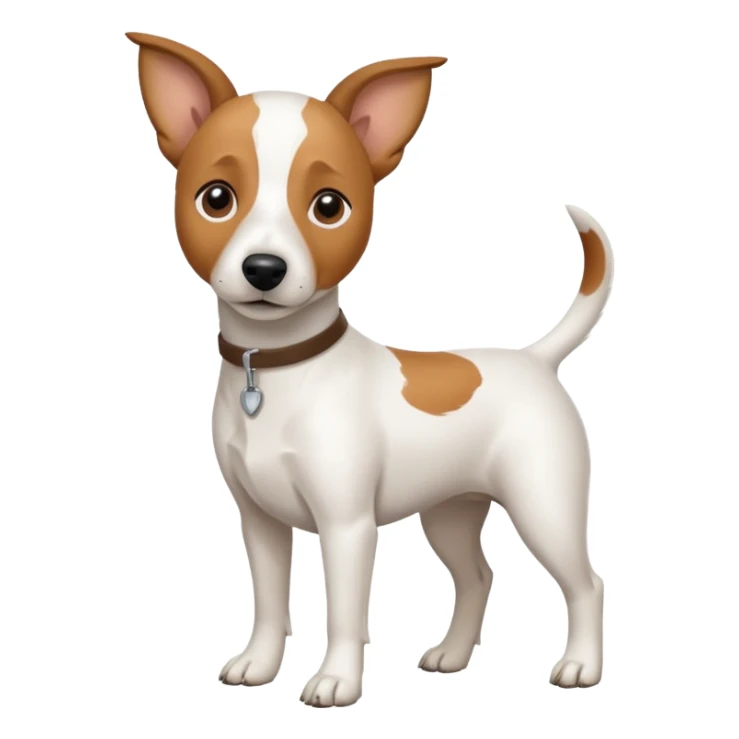 a full body white jack russel looking dog the size of a kelpie with light brown ears and a light brown patch on one eye, flopped down ears and a large snout sticker