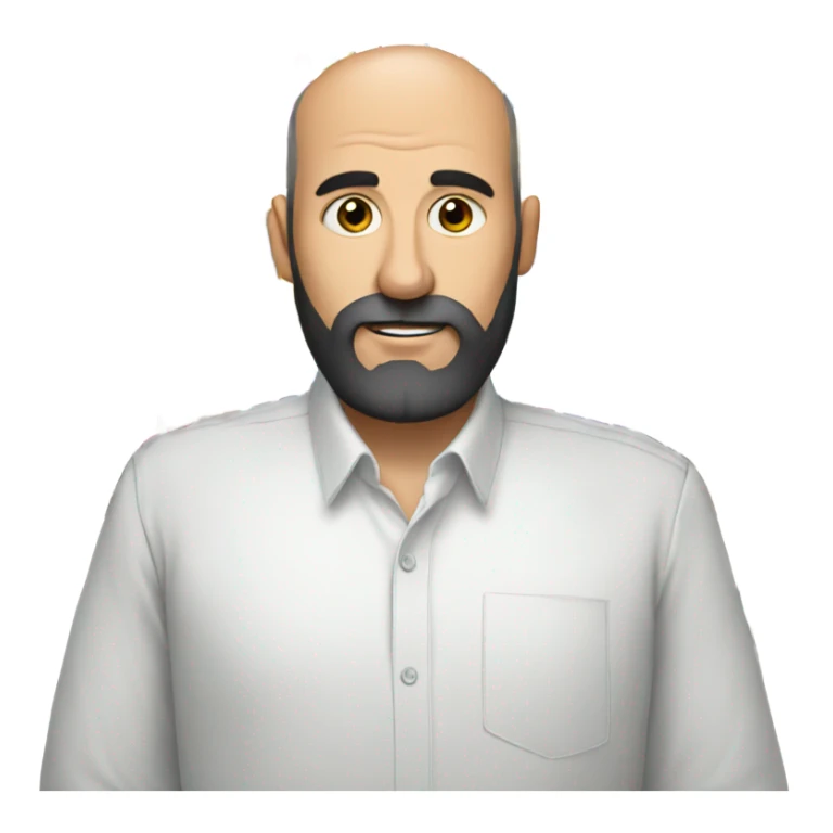 Balding man with black beard, cross on shirt, holding lots of pens  sticker