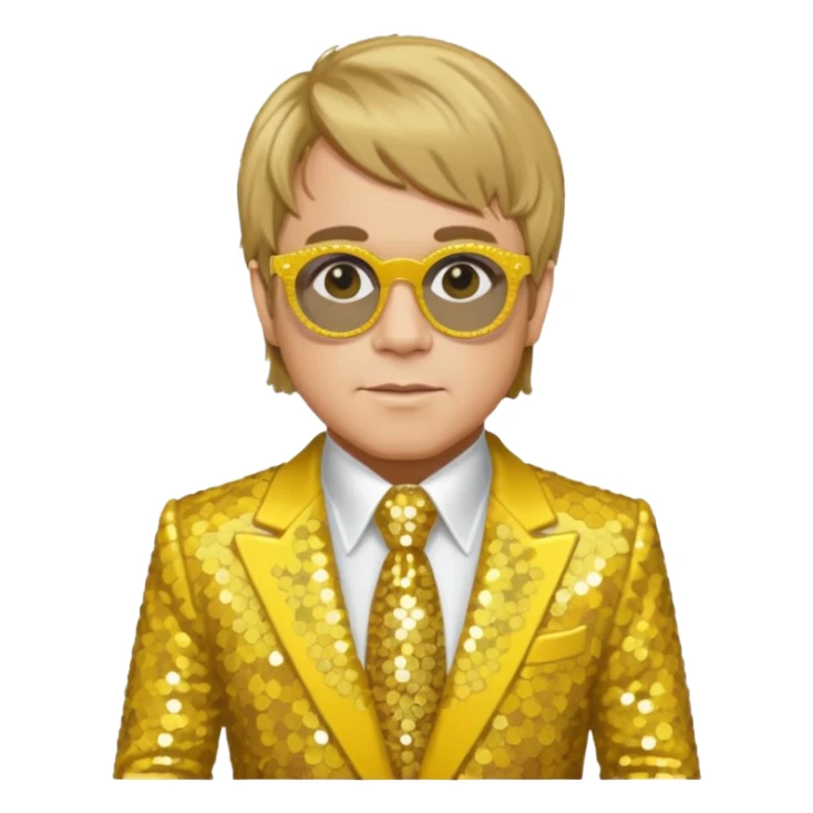 Elton John with dark blonde hair, yellow sequin suit sticker