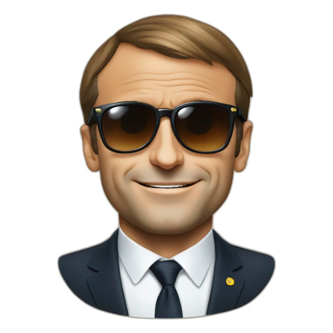 Emmanuel Macron wearing sunglasses, there is a big € on each eye of the glasses sticker