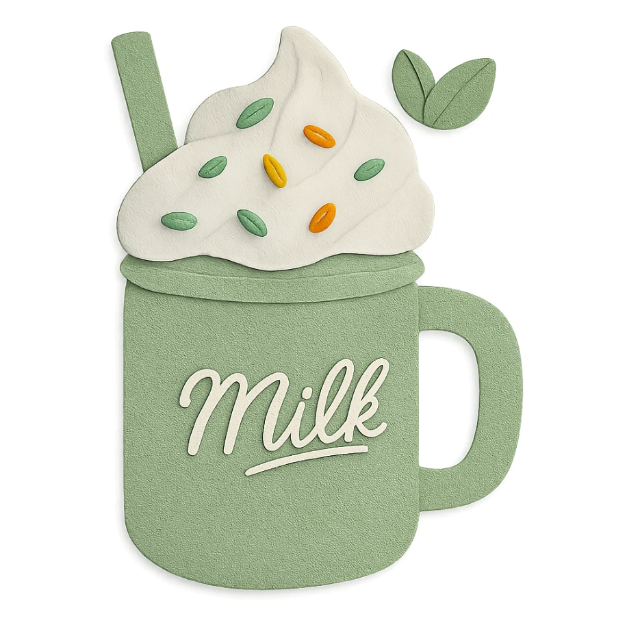 Change the milkshake to a fresh mint green and white palette, keeping the mason jar, whipped cream, rainbow sprinkles, and mint leaf on top, with no background. sticker