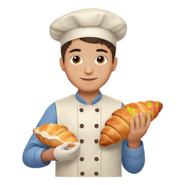 Young male baker – holding a croissant, flour on clothes

 sticker