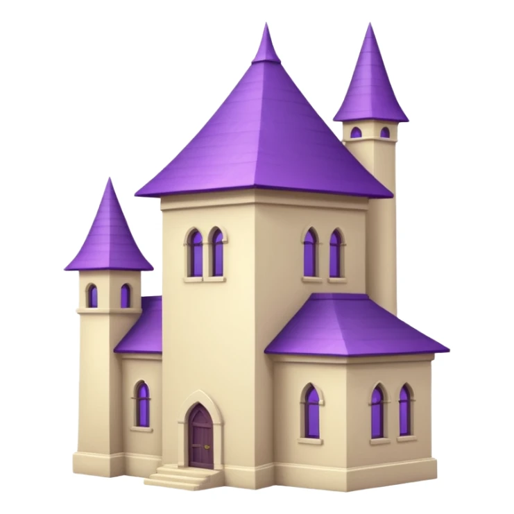 a single tall seclusion tower with large windows above, a purple roof and cream walls, and no entrance sticker
