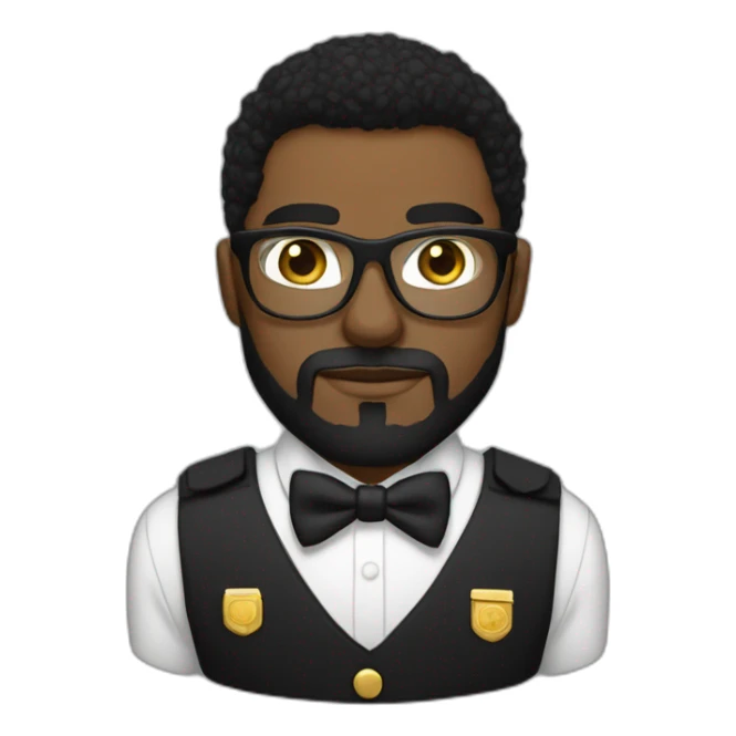 black soldier with beard, part in black hair, white collared shirt, bow tie, gold frame glasses, bulletproof vest  sticker