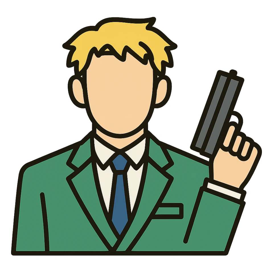 Convert this Loid Forger icon to a color version with blond hair, green suit, and blue tie, keeping the modern icon style and transparent background. sticker