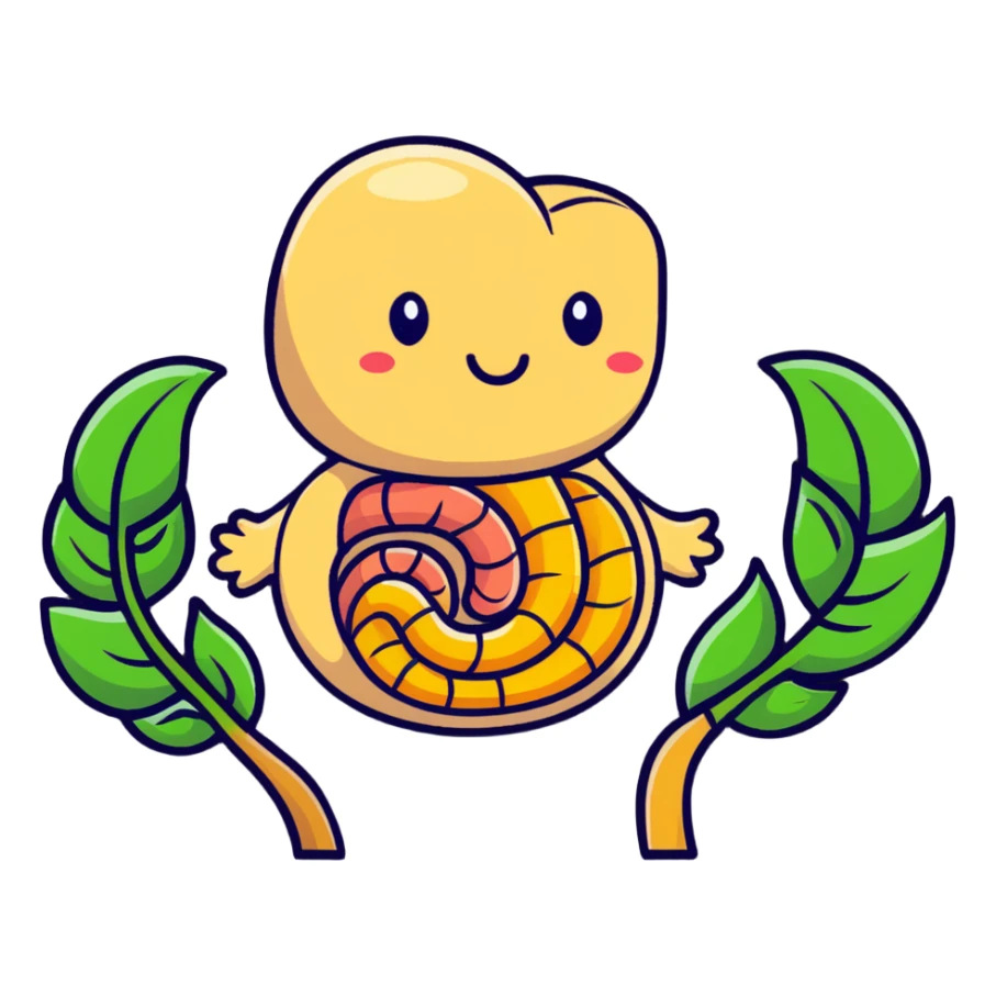 Cute simplified human digestive system with stomach and intestines, surrounded by golden wheat stalks and green leaves. Bright healing particles moving through the digestive tract sticker