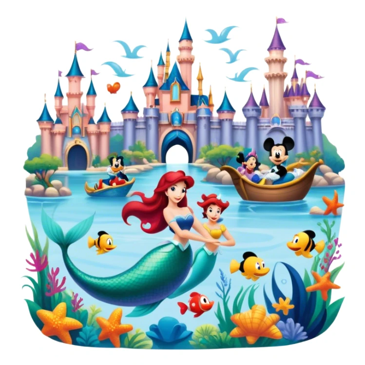 A vibrant collage featuring iconic characters like one Goofy, one Mickey Mouse, one Ariel the Little Mermaid, one Jasmine and one Franco. Each character should be large and bright, set against a cheerful and playful background with Disneyland. Transparent background. sticker