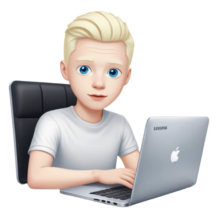 albino youtuber on samsung laptop with desk with blue eyes sticker