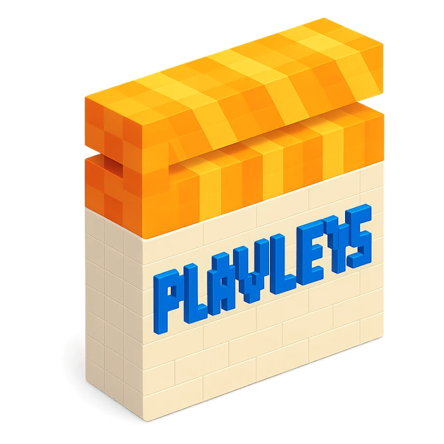 voxel style movie clapperboard with the text 'PLAVLEYS', orange lid, white body, isometric view sticker