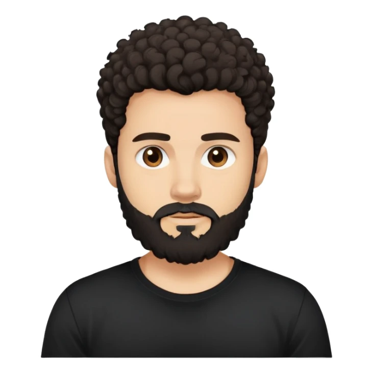 young man with light skin, thick curly dark hair, full beard, neutral expression, plain black t-shirt, front-facing, minimalistic, simplified features, clean lines, flat design sticker