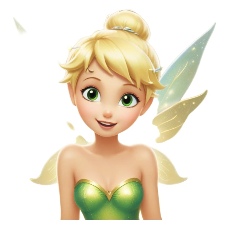 Cinematic Realistic Blonde Tinker Bell Fairy Portrait, head tilted dramatically with an exaggeratedly amused expression, featuring a striking, lively pixie form with radiant golden blonde hair and luminous, iridescent wings dusted with playful sparkles. Her expressive eyes brim with cheeky mischief, rendered with vibrant, lifelike textures and dynamic natural lighting that imbues the scene with an air of magical whimsy and over‐the‐top fairy fun. sticker