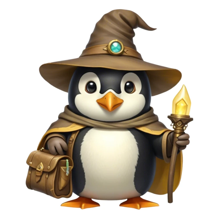 A wizard-explorer penguin inspired by Indiana Jones, wearing a weathered yellow enchanted hat and a flowing cape. It carries a leather satchel with ancient scrolls and holds a glowing magical relic. Cartoon-style, smooth shading, highly detailed, no background sticker