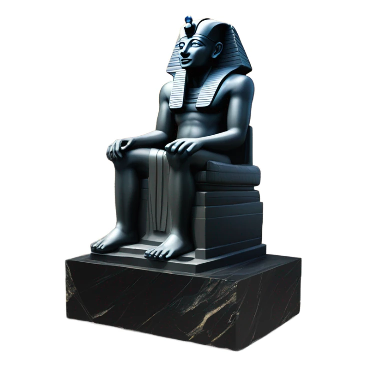 Osiris depiction accurate obsidian statue on granite 30 ton brick, massive size, sunlight behind, sunset colors, reflections on black stone polished clean perfect, photography angles sticker