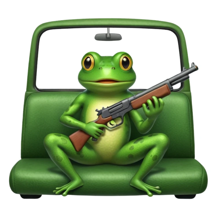 Frog holding a gun while sitting in the back seat of a vehicle in motion sticker