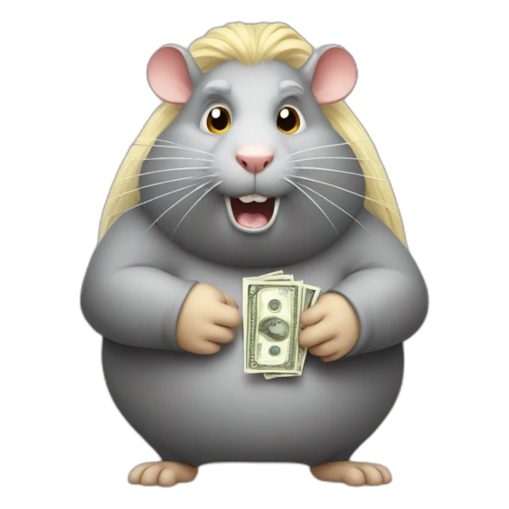 Angry fat Rat standing up with long blond hair holding money sticker