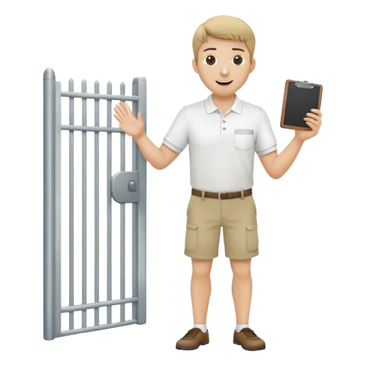 Pool attendant. white polo shirt. khaki shorts. waving. standing next to gate. holding clipboard sticker