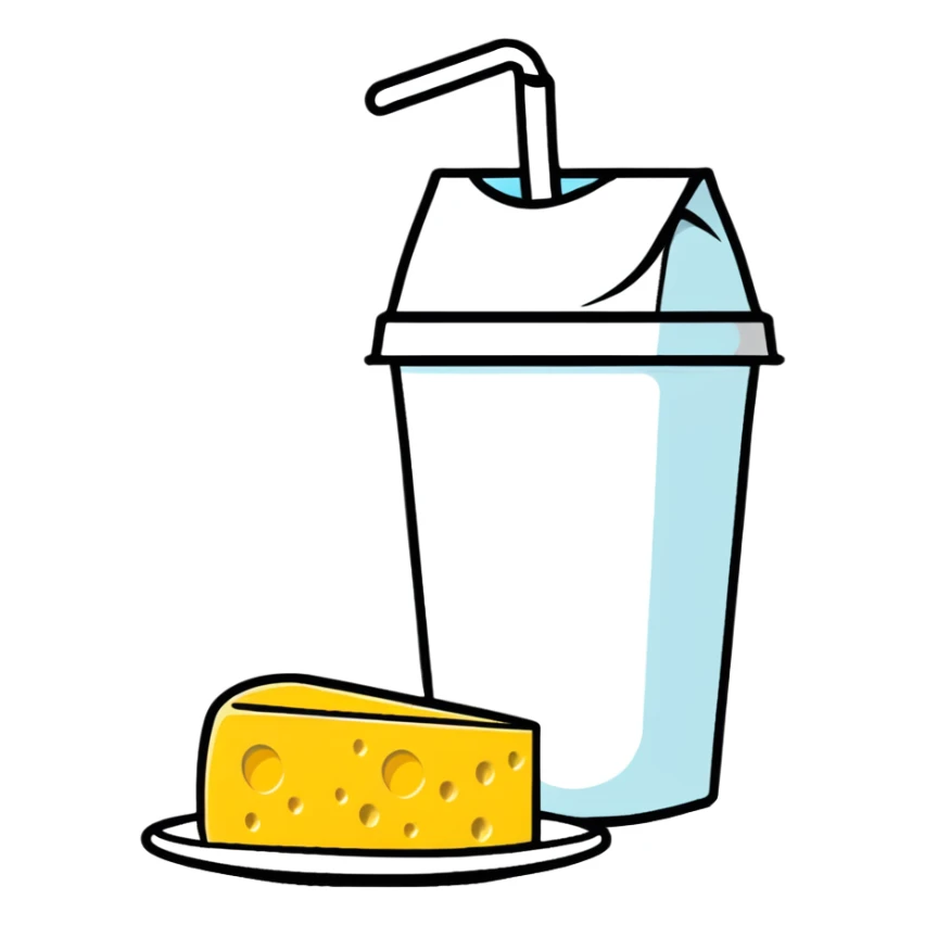 milk carton, cheese wheel, yogurt cup, and butter sticker