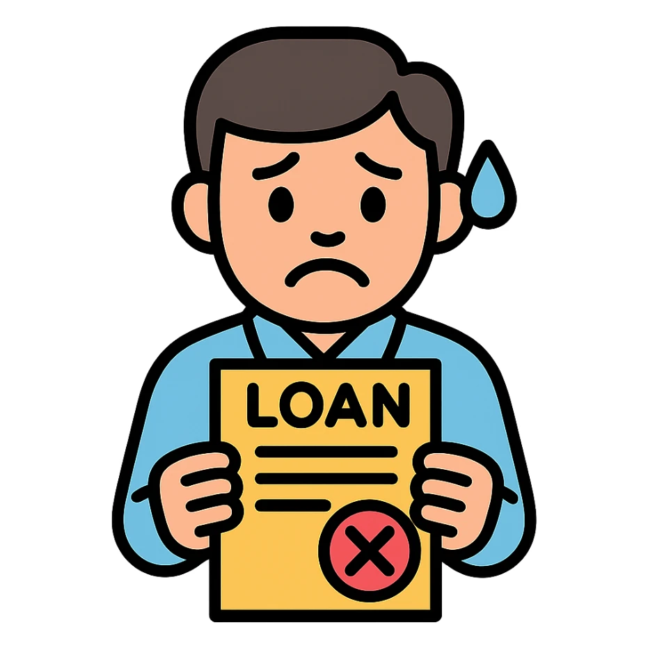 man committing loan perjury, looking nervous, holding fake documents sticker