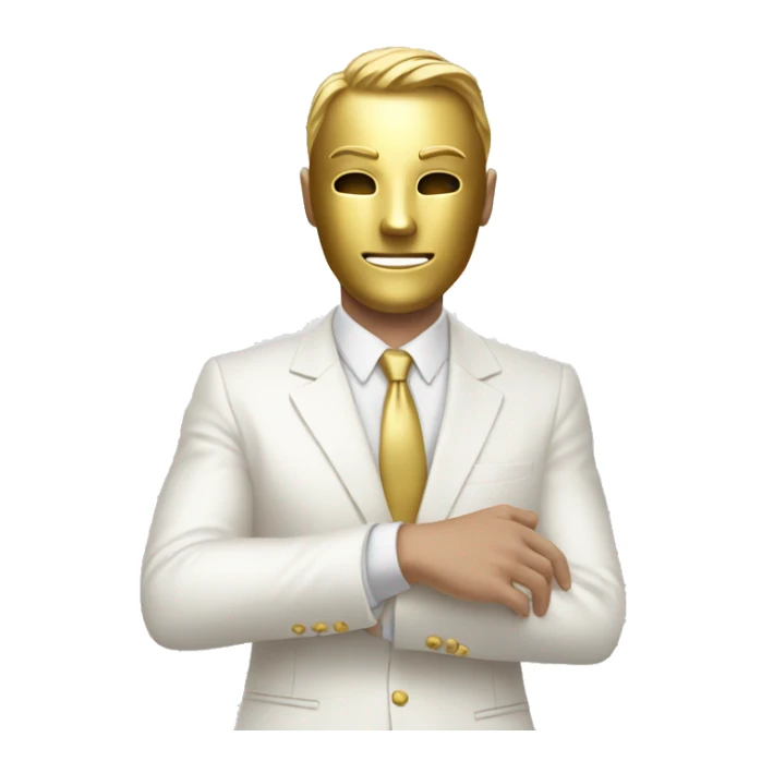 White suit Guy with gold Mask raising his right hand and looking down sticker