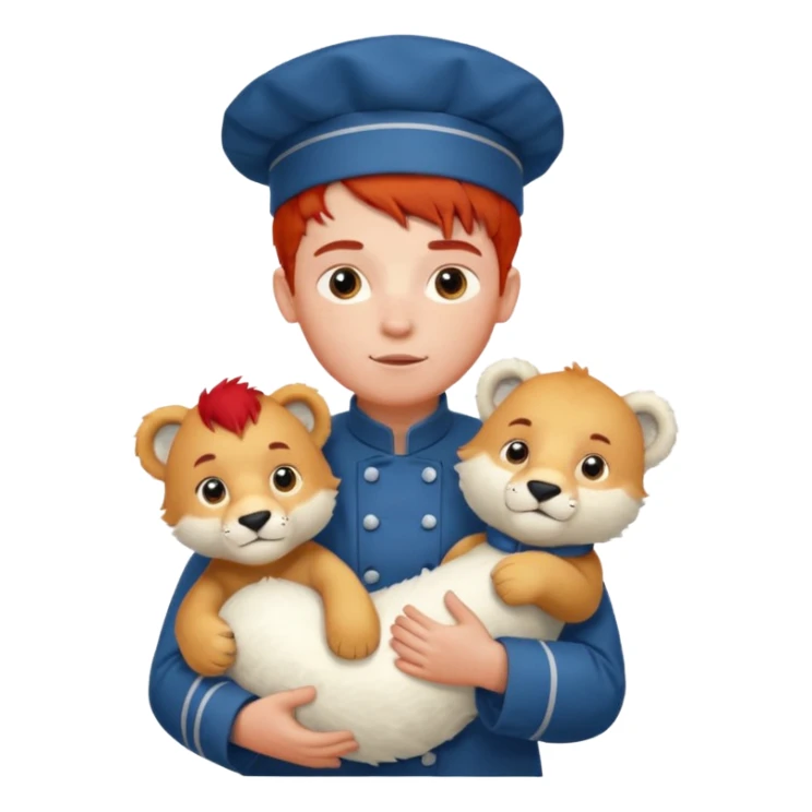 boy kid italian chef, red haired, uniform, holding plush polar lion sticker