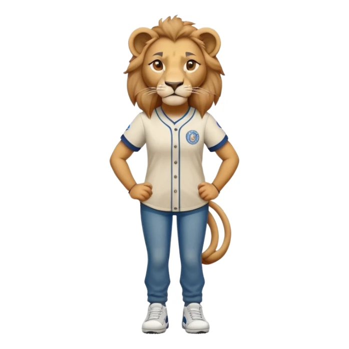 friendly anthropomorphised female lion wearing a baseball shirt, jeans, trainers, standing upright with arms folded, looking very determined sticker