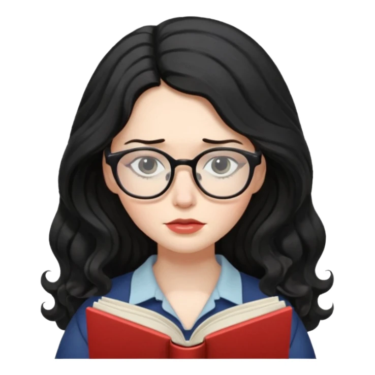 Long Hair Women with Book, Black wavy hair, sad

 sticker