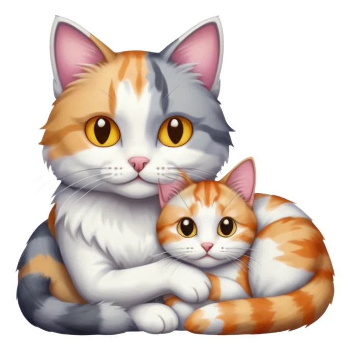 grey and white cat cuddling a colourful light patched calico + white tabby cat sticker