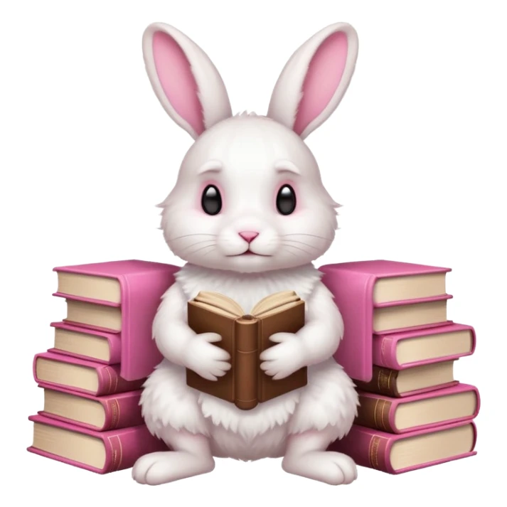 White rabbit sitting horizontally in a natural position on 4 legs, without a book.  There are 3 books nearby. books lie on top of each other  in brown tones

 sticker