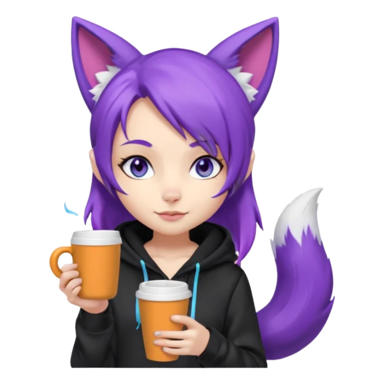 chibi fox girl with purple hair , purple fox ears, purple fox tail, black hoodie, blue eyes with head phones around her neck and white shorts, generate her looking smug holding a large coffee cup sticker