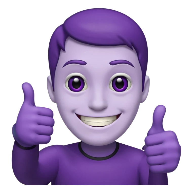 purple guy, black sclera, white pupils, grin, thumbs-up sticker