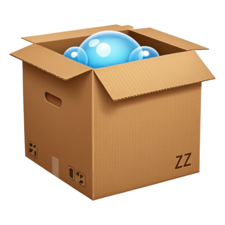 emoji of sleeping box, box is brown colored, open and empty, with a tiny Zzz bubble sticker