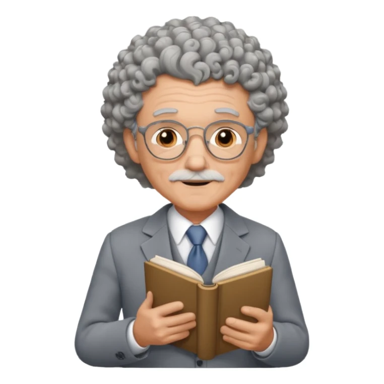 elderly male, curly hair, holding book, wearing gray suit sticker