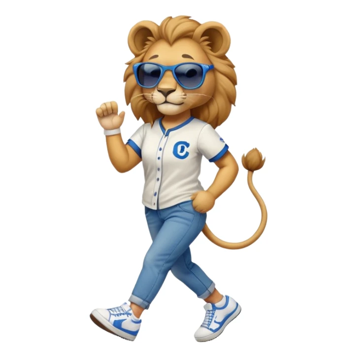 friendly anthropomorphised female lion wearing a baseball shirt, jeans, trainers, dark sunglasses, walking upright with a confident stride sticker