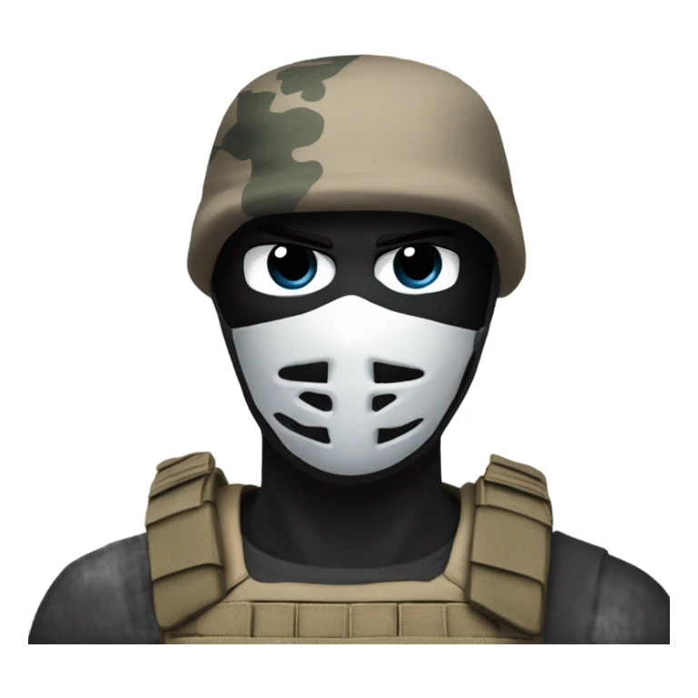 White male, call of duty black mask, camo tactical gear, tan combat boots, black beanie, blue eyes sticker