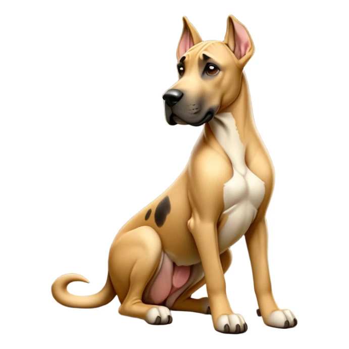 cinematic-[fawn great dane]-realistic-full-body-sitting-emoji,-tail-resting-loosely-beside-its-paws,-head-tilted-dramatically,-sleek-[fawn]-fur,-simplified-yet-realistic-focused-features,-highly-detailed,-glowing-with-an-almost-sarcastic-glow sticker